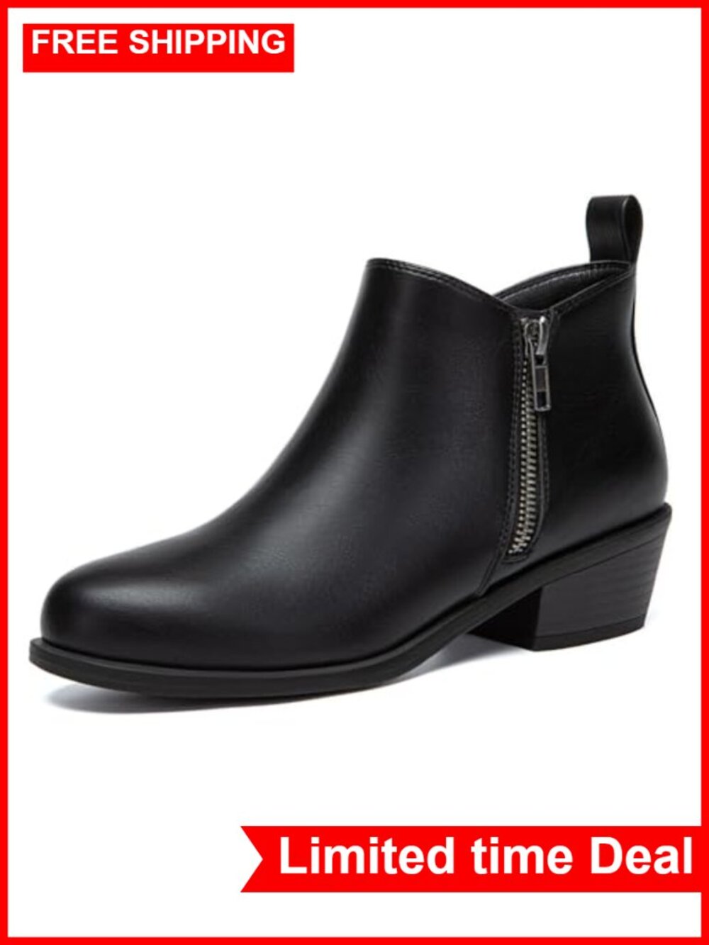 Chunky Low Heel Ankle Boots Side Zipper PU Almond Toe Women's Booties